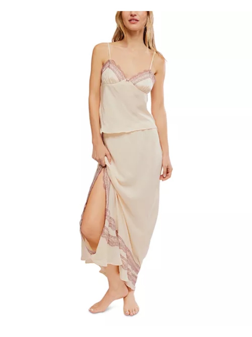 Free People Cream Two-Piece Lace-Trim Slip Set with Pink Lace